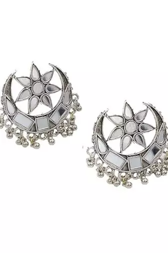 Traditional antique silver-plated crescent moon stud oxydised earrings with floral mirror work hanging beaded
