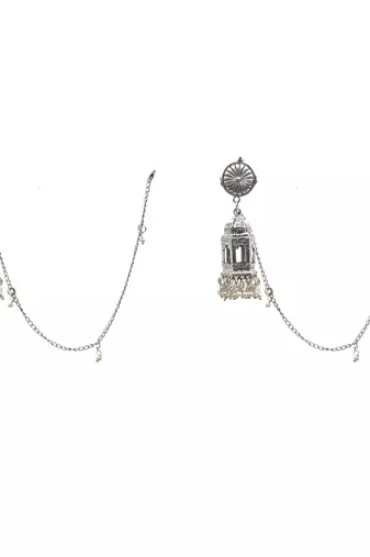 Exquisite oxidized silver jhumka earrings with chain mughal architecture inspired dome lantern style jhumki