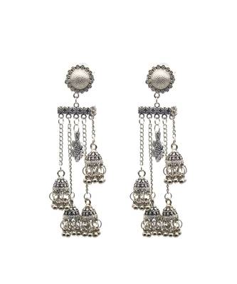 Handcrafted oxidized silver-plated long dangle earrings for women floral design ghungroo bohemian statement jewelry 3