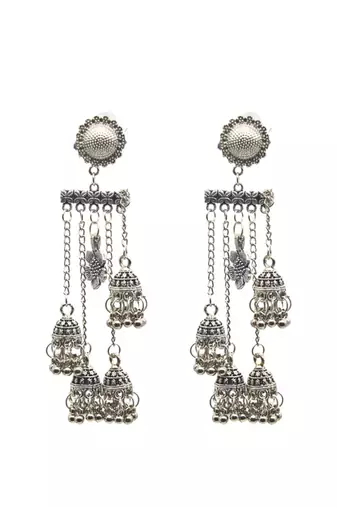 Handcrafted oxidized silver-plated long dangle earrings for women floral design ghungroo bohemian statement jewelry
