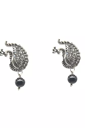 Antique silver peacock earrings with black beads – traditional ethnic jewelry earrings for women