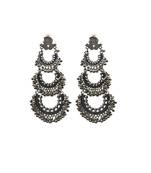 Grand multi-layered oxidized silver chandbali earrings with intricate filigree and beaded detailing for women