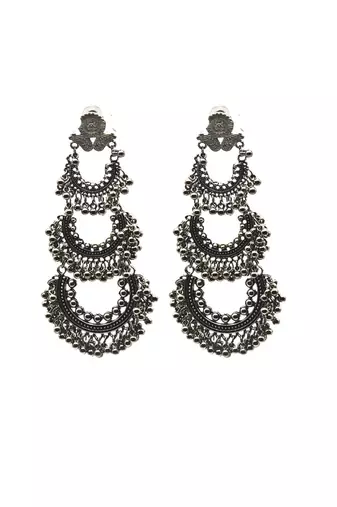 Grand multi-layered oxidized silver chandbali earrings with intricate filigree and beaded detailing for women