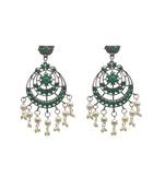 Antique silver-plated ethnic chandbali oxydised earrings with green detailing and hanging pearl beads