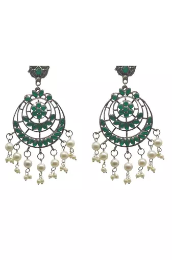 Antique silver-plated ethnic chandbali oxydised earrings with green detailing and hanging pearl beads
