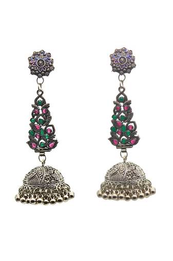 Oxidized silver jhumka earrings with floral studs, long earrings.
