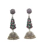 Oxidized silver jhumka earrings with floral studs, long earrings.