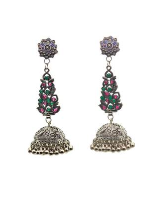 Oxidized silver jhumka earrings with floral studs, long earrings. 3