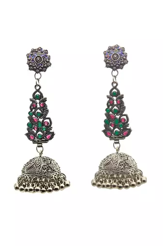 Oxidized silver jhumka earrings with floral studs, long earrings.