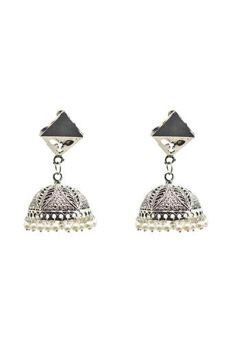 Oxidized silver dome jhumka earrings with geometric stud and pearl droplets.