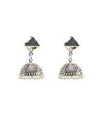Oxidized silver dome jhumka earrings with geometric stud and pearl droplets.