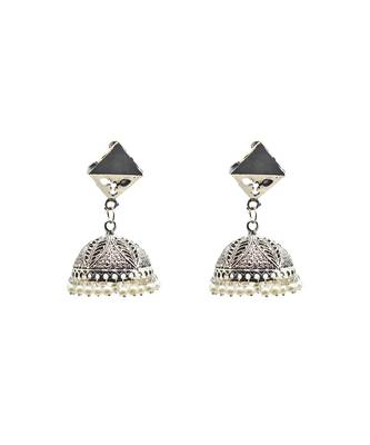 Oxidized silver dome jhumka earrings with geometric stud and pearl droplets. 2