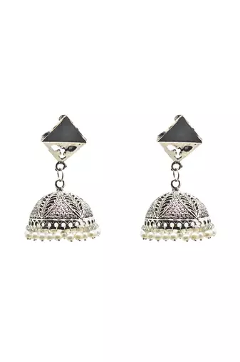 Oxidized silver dome jhumka earrings with geometric stud and pearl droplets.