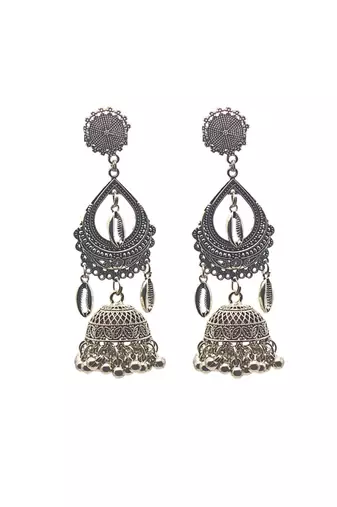 Exquisite oxidized silver chandbali jhumka earrings with intricate filigree work and beaded accents