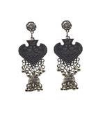 Antique silver-plated tribal peacock design oxydised dangle earrings with intricate detailing and hanging beads.