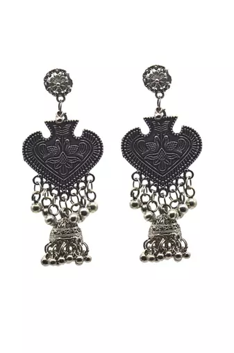 Antique silver-plated tribal peacock design oxydised dangle earrings with intricate detailing and hanging beads.