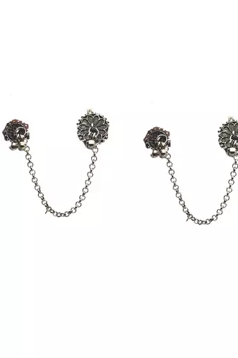 Silver oxidised ghungroo dangler long earrings with chains textured bold, statement-making design for women