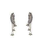 Silver leaf dangle earrings with intricate detailing and hanging beads.