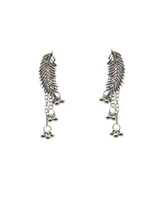 Silver leaf dangle earrings with intricate detailing and hanging beads. 3