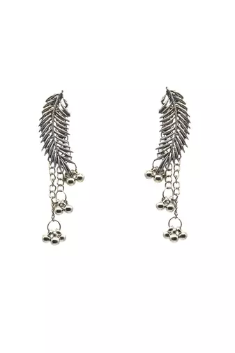 Silver leaf dangle earrings with intricate detailing and hanging beads.