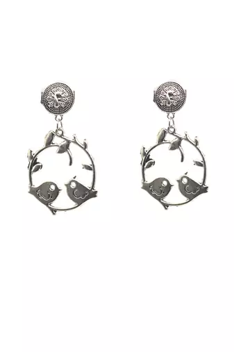 Antique silver-plated love birds hoop earrings with intricate branch detailing traditional indian