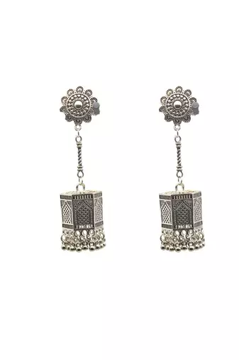 Silver-plated earrings oxidized long jhumka for women boho tribal statement jewelry with hanging ghungroo beads