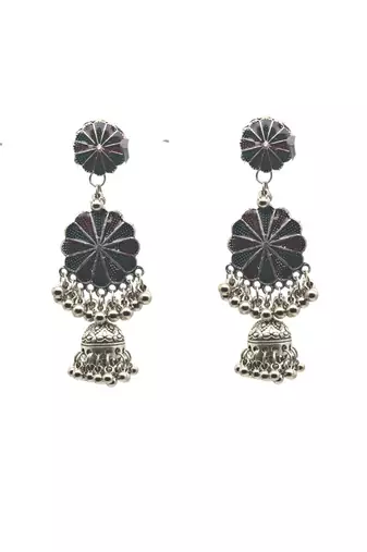 Dual-tier oxidized silver jhumka earrings with floral motif and intricate beaded detailing traditional earring