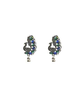 Handcrafted oxidized silver peacock stud earrings for women traditional indian with blue & green stonework 2