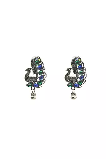 Handcrafted oxidized silver peacock stud earrings for women traditional indian with blue & green stonework
