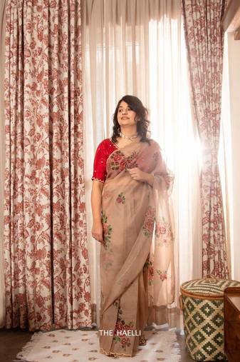 Peach ORGANZA HANDWORK Saree With Blouse