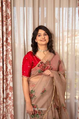 Peach ORGANZA HANDWORK Saree With Blouse