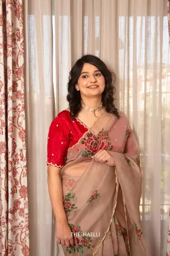 Peach ORGANZA HANDWORK Saree With Blouse
