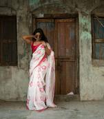 White Cotton Printed Saree With Blouse 