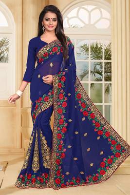 Navy Blue Embroidered Border Georgette Saree With Matching Blouse Piece 1
