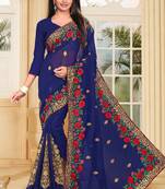 Navy Blue Embroidered Border Georgette Saree With Matching Blouse Piece
