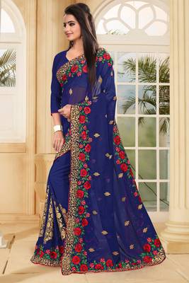 Navy Blue Embroidered Border Georgette Saree With Matching Blouse Piece 2