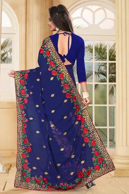 Navy Blue Embroidered Border Georgette Saree With Matching Blouse Piece 3