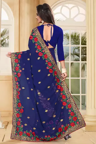 Navy Blue Embroidered Border Georgette Saree With Matching Blouse Piece