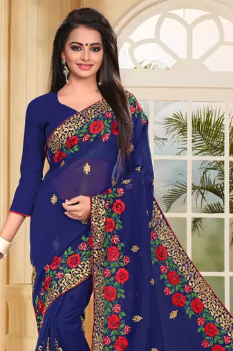 Navy Blue Embroidered Border Georgette Saree With Matching Blouse Piece