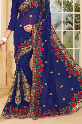 Navy Blue Embroidered Border Georgette Saree With Matching Blouse Piece 5