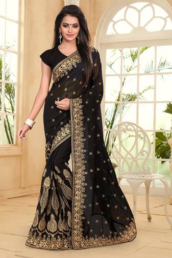 Black Embroidered Border Georgette Saree With Matching Blouse Piece