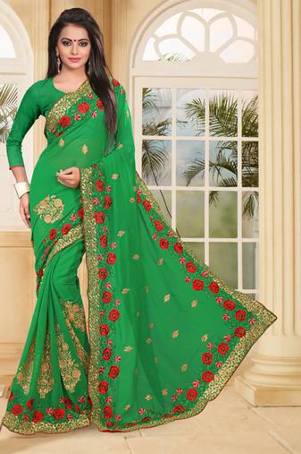 Green Embroidered Border Georgette Saree With Matching Blouse Piece