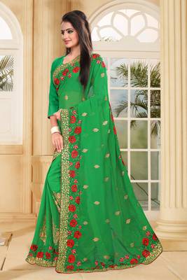 Green Embroidered Border Georgette Saree With Matching Blouse Piece 2
