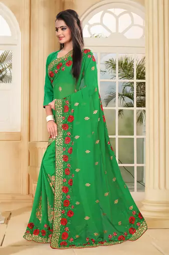 Green Embroidered Border Georgette Saree With Matching Blouse Piece