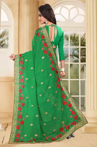 Green Embroidered Border Georgette Saree With Matching Blouse Piece