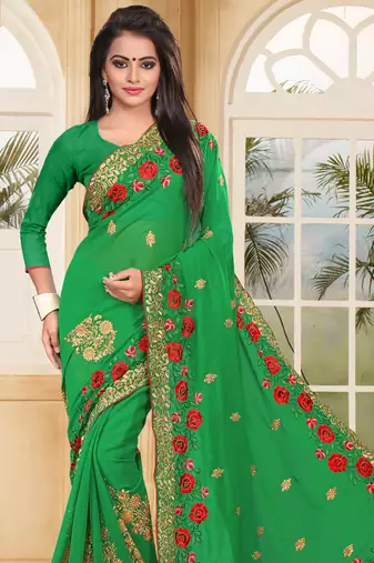 Green Embroidered Border Georgette Saree With Matching Blouse Piece