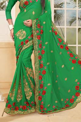 Green Embroidered Border Georgette Saree With Matching Blouse Piece 5