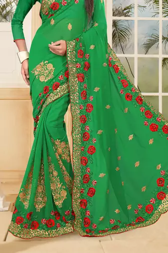 Green Embroidered Border Georgette Saree With Matching Blouse Piece