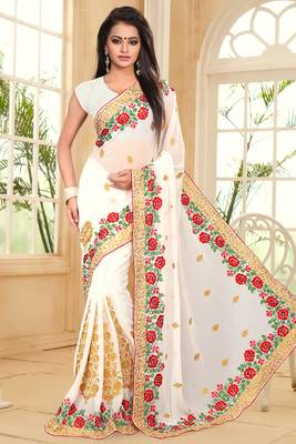 White Embroidered Border Georgette Saree With Matching Blouse Piece 1