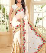 White Embroidered Border Georgette Saree With Matching Blouse Piece